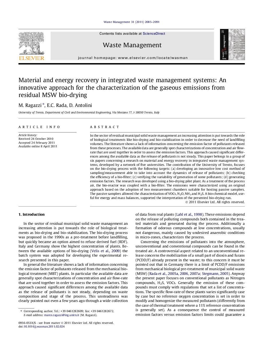 Material and energy recovery in integrated waste management systems: An innovative approach for the characterization of the gaseous emissions from residual MSW bio-drying