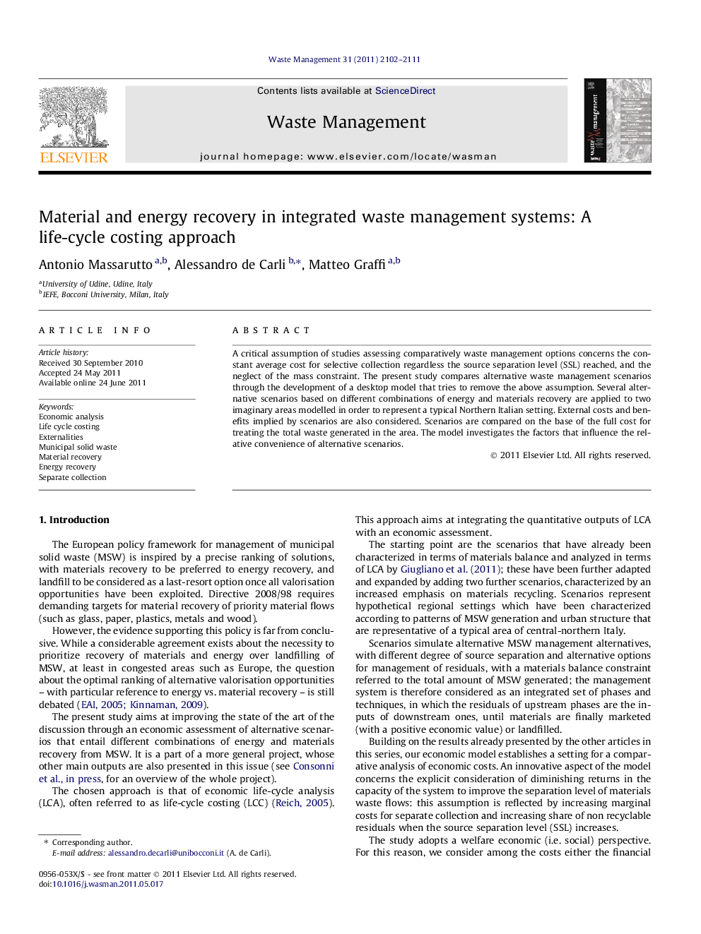 Material and energy recovery in integrated waste management systems: A life-cycle costing approach