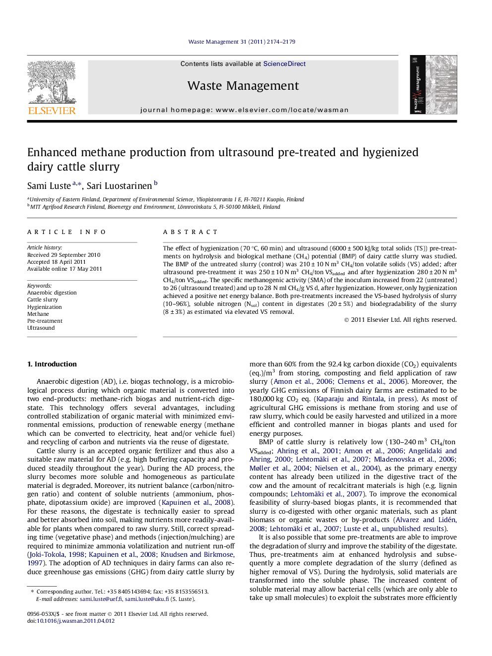 Enhanced methane production from ultrasound pre-treated and hygienized dairy cattle slurry