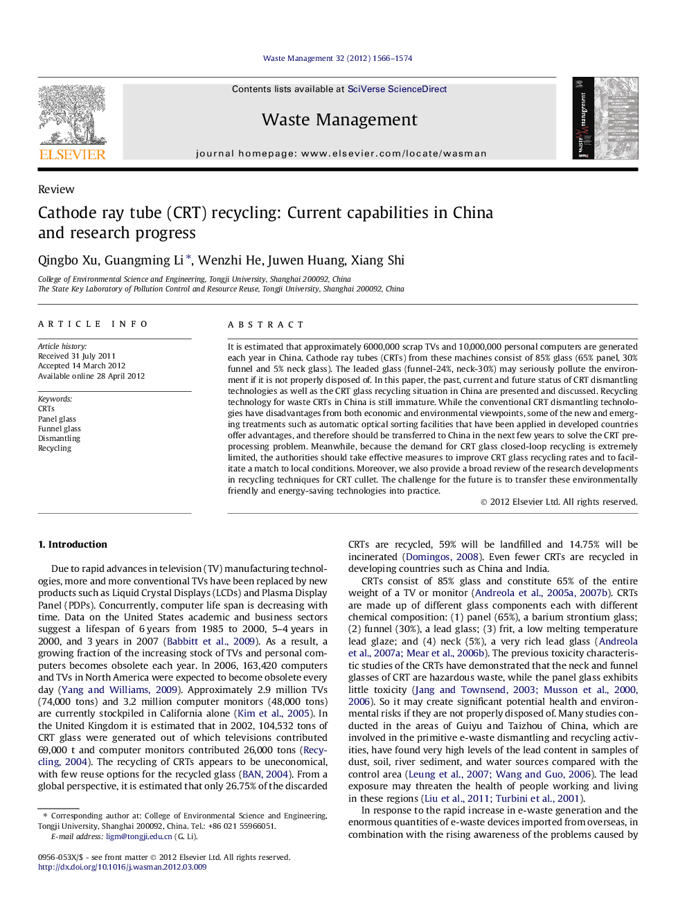 Cathode ray tube (CRT) recycling: Current capabilities in China and research progress