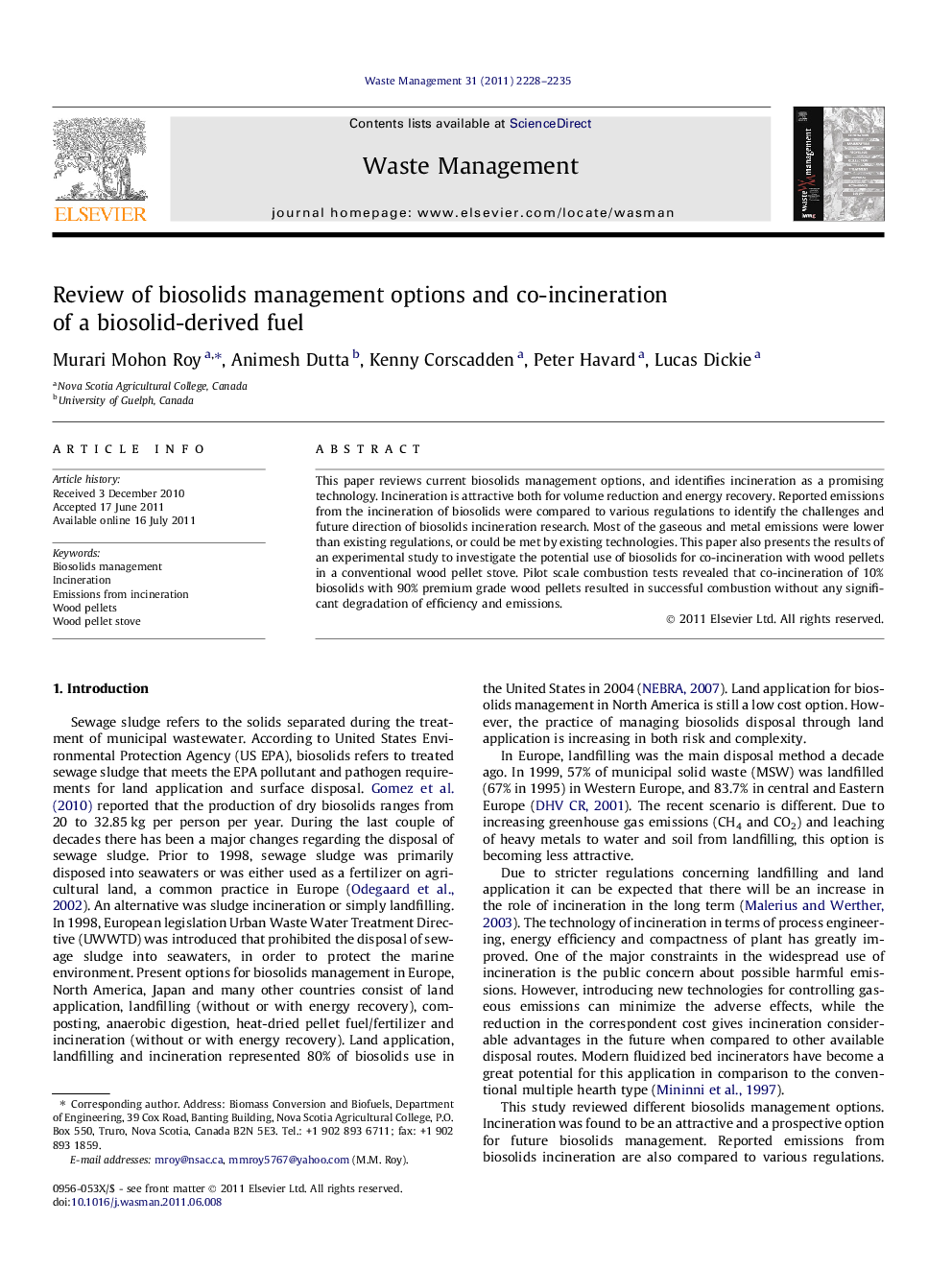 Review of biosolids management options and co-incineration of a biosolid-derived fuel