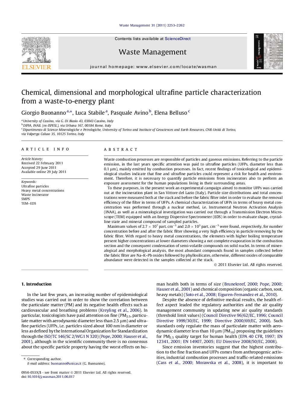 Chemical, dimensional and morphological ultrafine particle characterization from a waste-to-energy plant