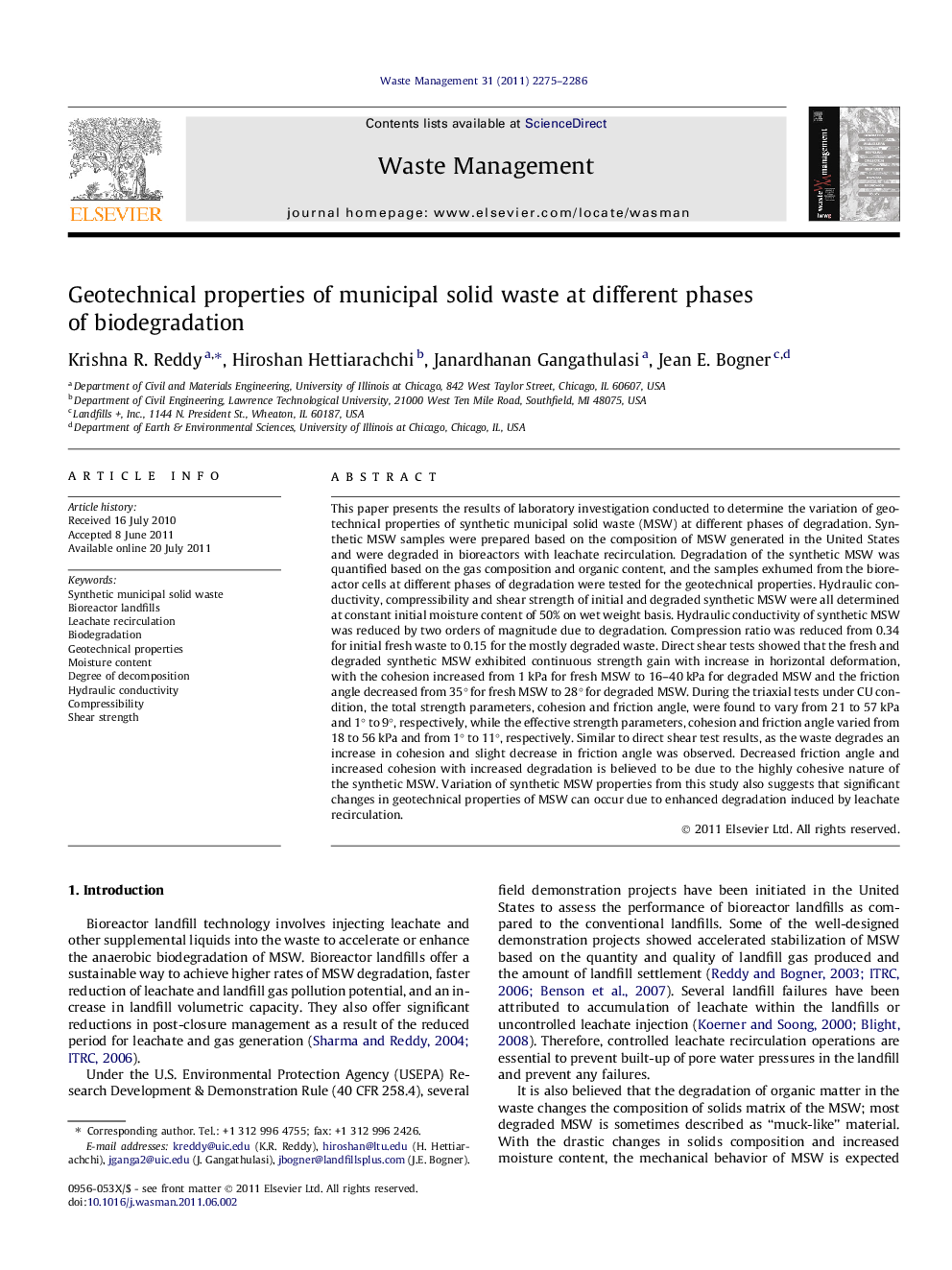 Geotechnical properties of municipal solid waste at different phases of biodegradation