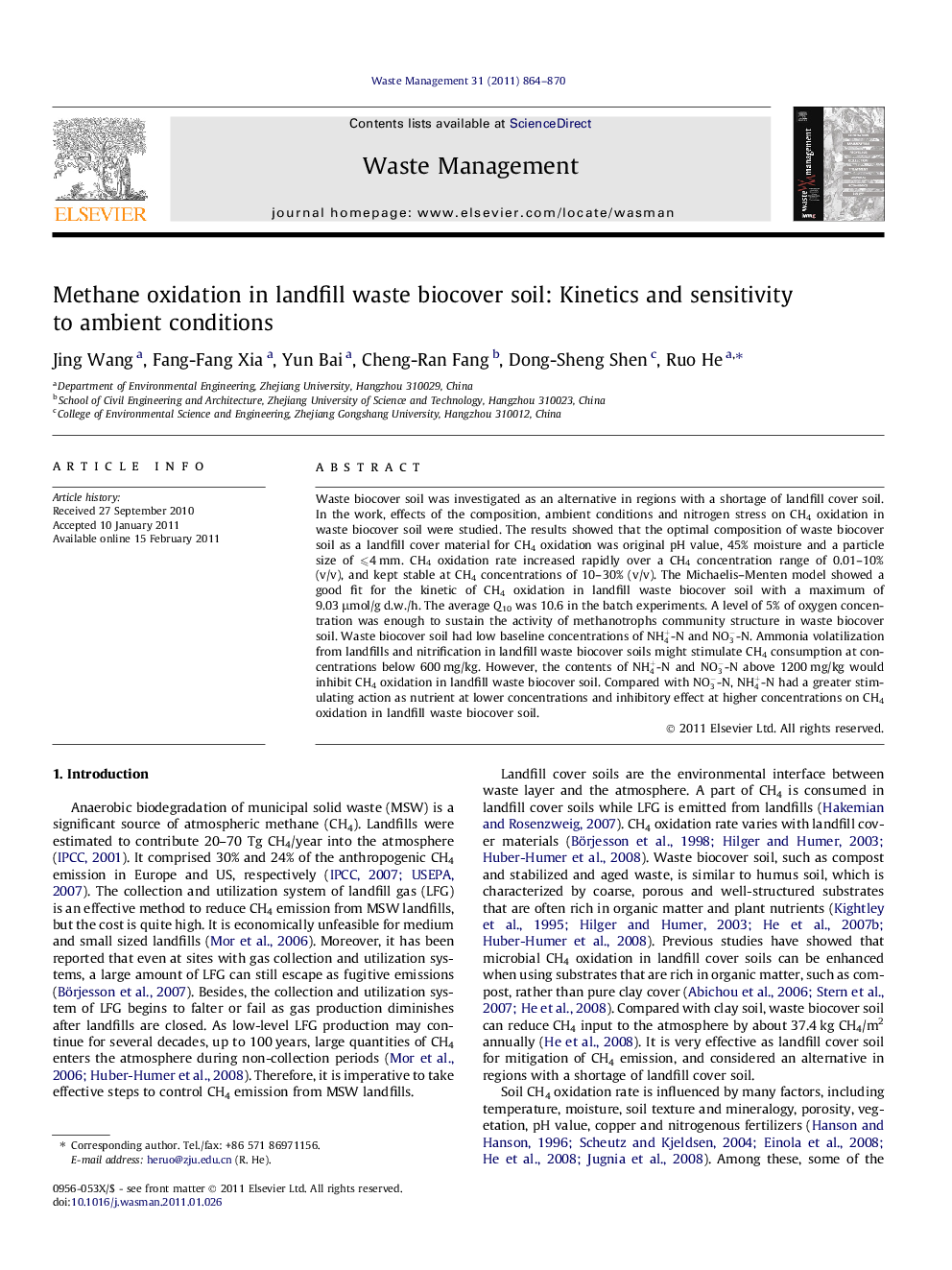 Methane oxidation in landfill waste biocover soil: Kinetics and sensitivity to ambient conditions