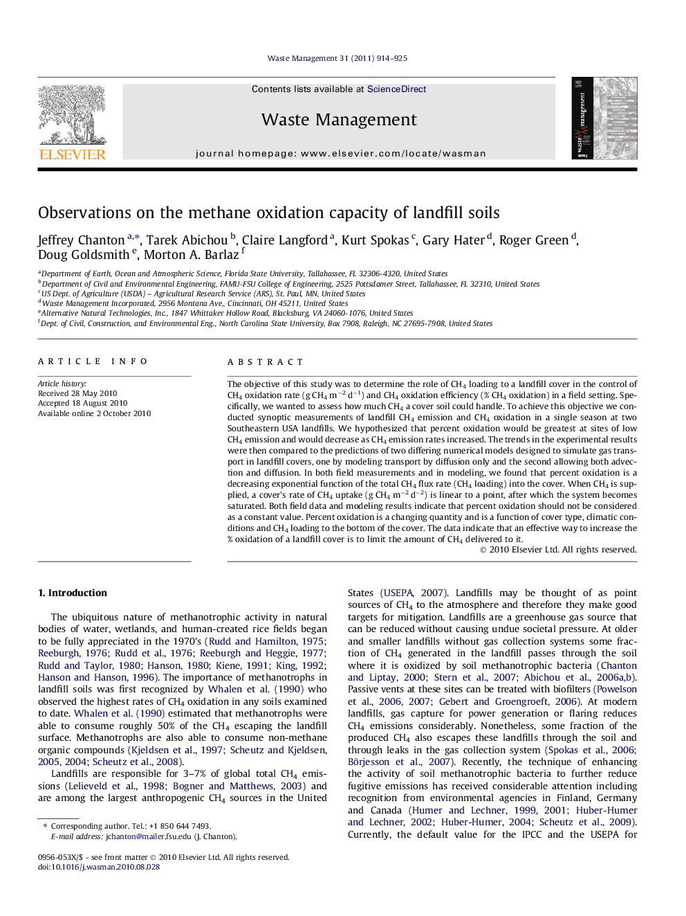 Observations on the methane oxidation capacity of landfill soils