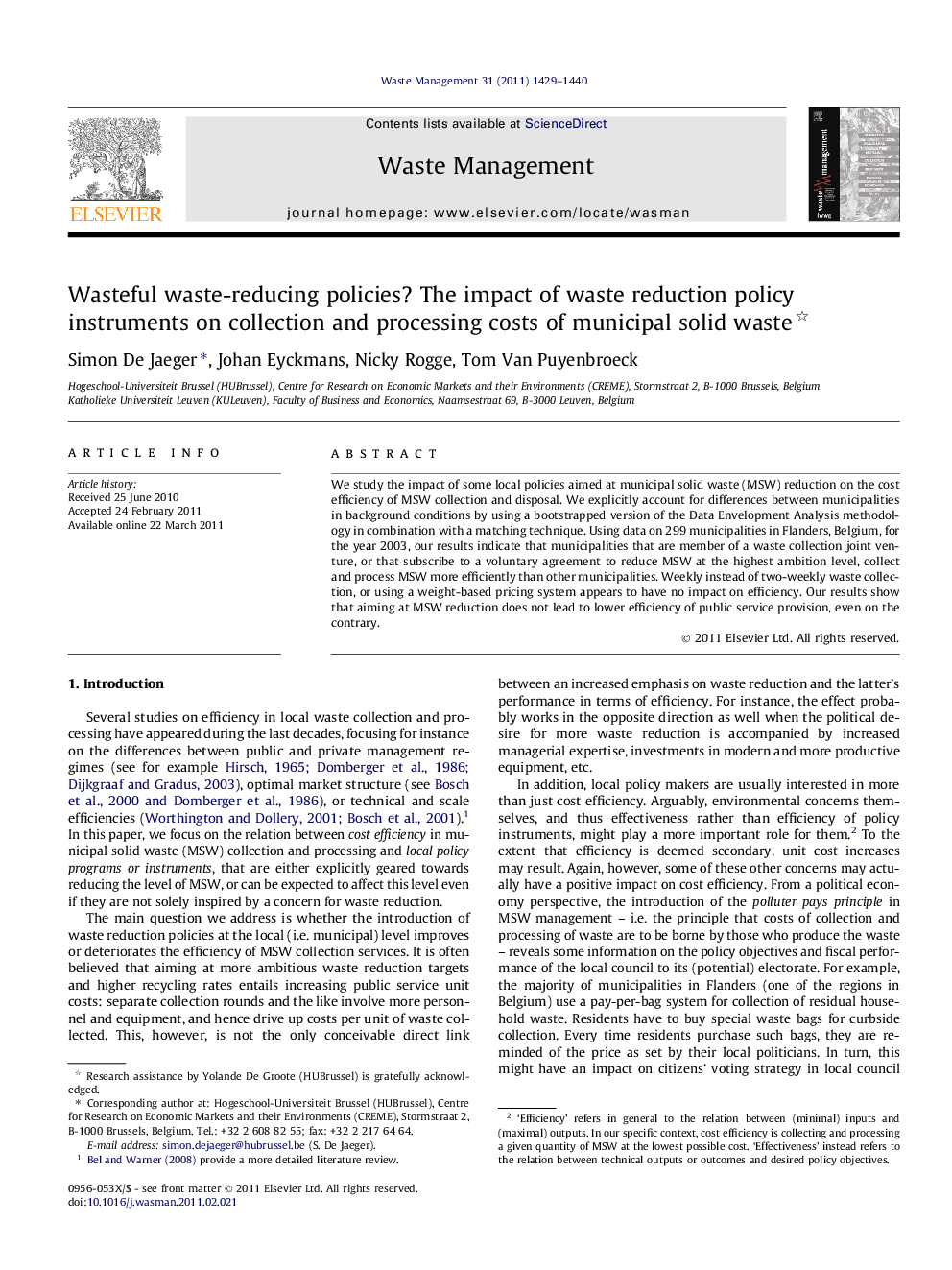 Wasteful waste-reducing policies? The impact of waste reduction policy instruments on collection and processing costs of municipal solid waste 