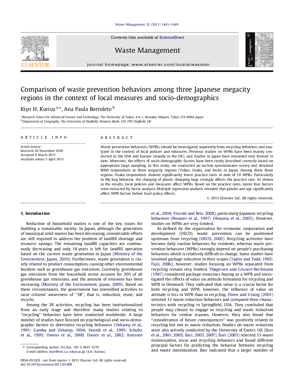 Comparison of waste prevention behaviors among three Japanese megacity regions in the context of local measures and socio-demographics
