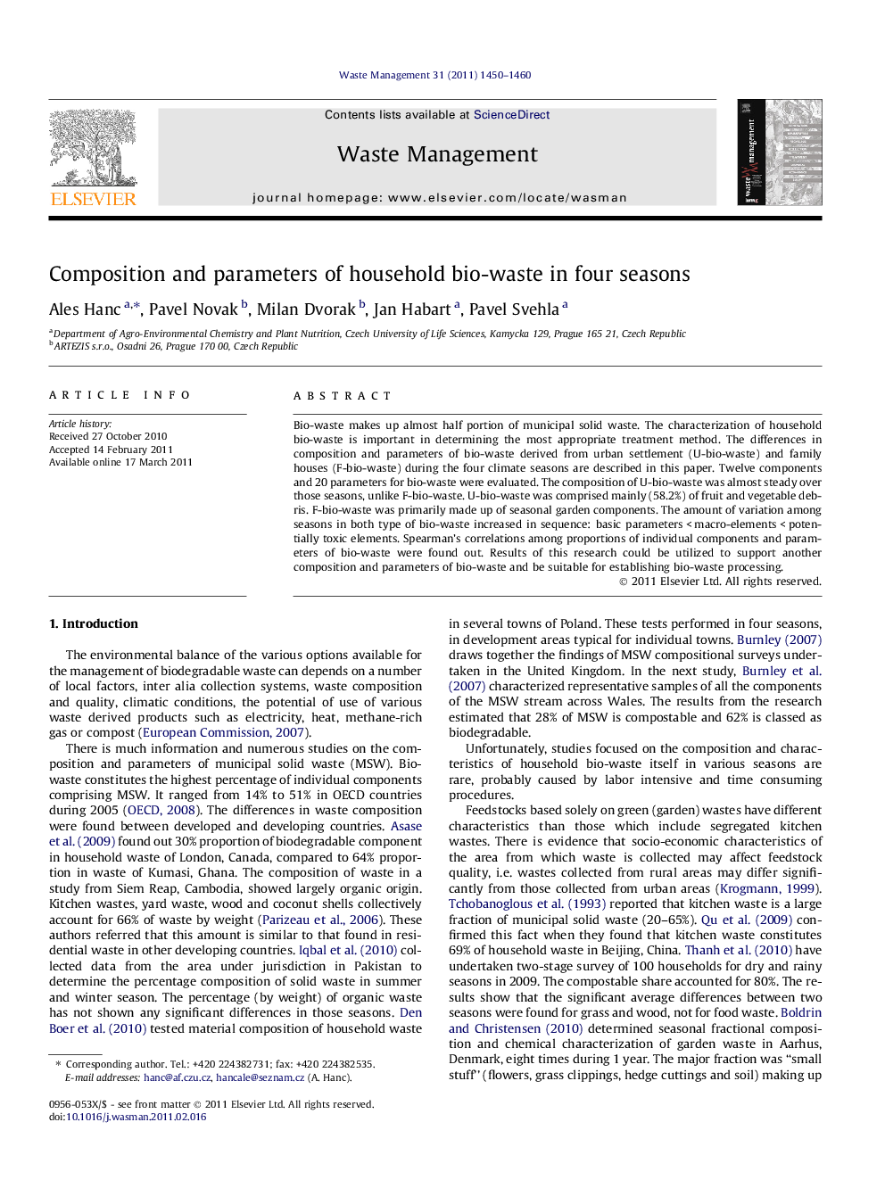 Composition and parameters of household bio-waste in four seasons