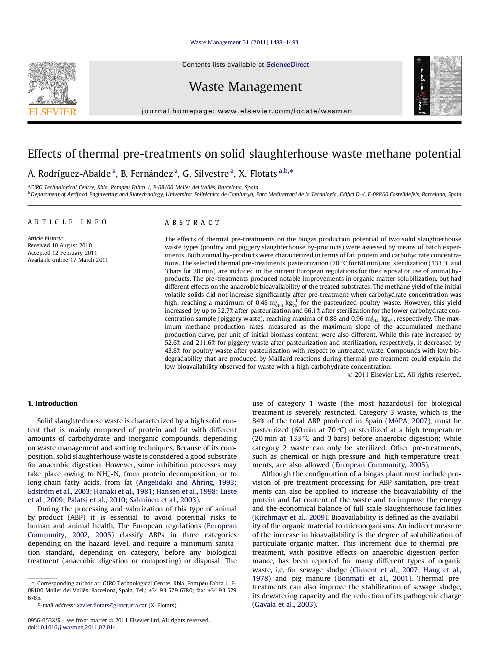 Effects of thermal pre-treatments on solid slaughterhouse waste methane potential