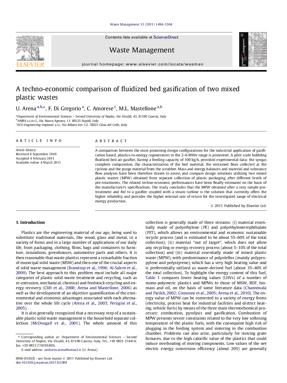 A techno-economic comparison of fluidized bed gasification of two mixed plastic wastes
