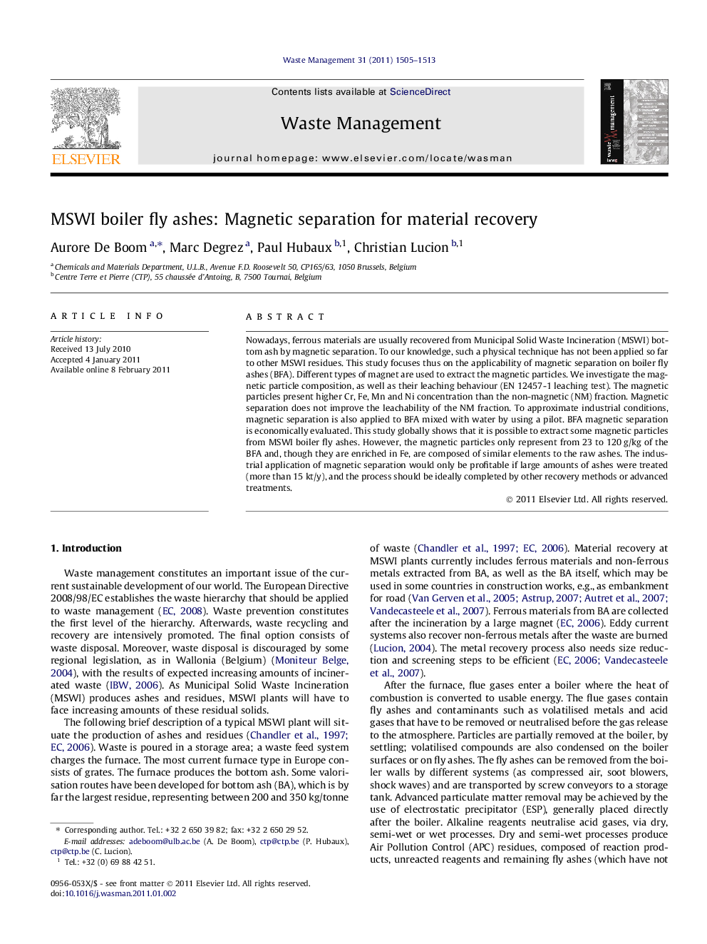 MSWI boiler fly ashes: Magnetic separation for material recovery