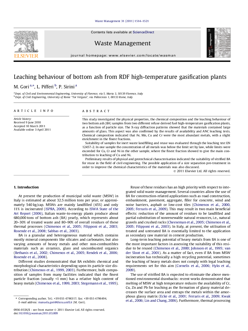 Leaching behaviour of bottom ash from RDF high-temperature gasification plants