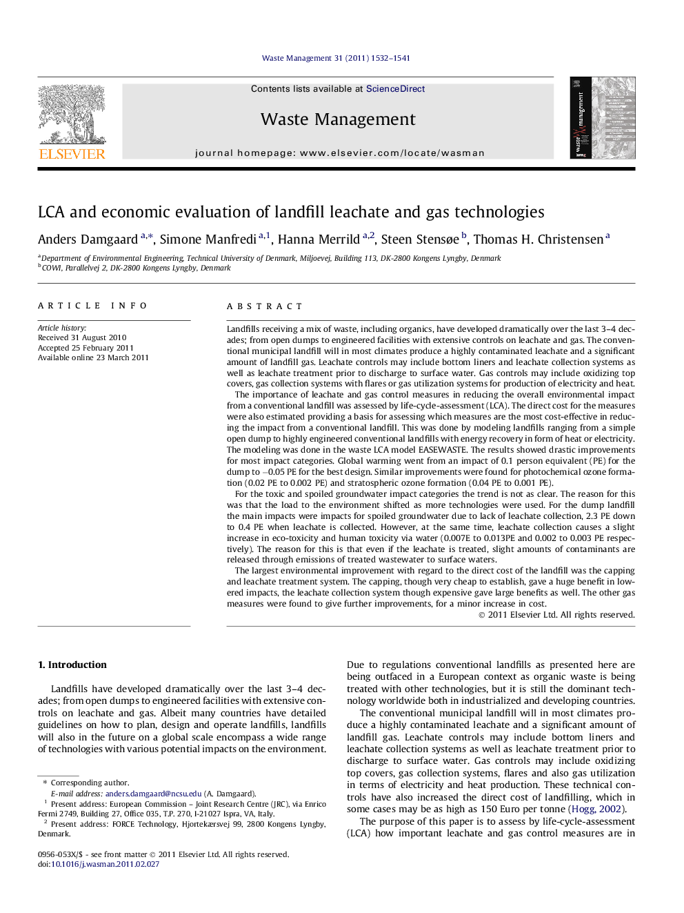 LCA and economic evaluation of landfill leachate and gas technologies