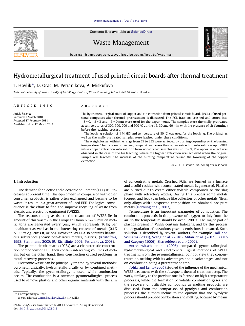Hydrometallurgical treatment of used printed circuit boards after thermal treatment