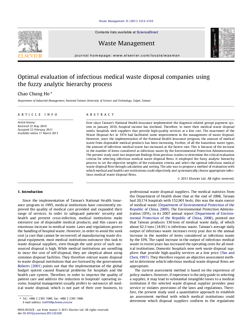 Optimal evaluation of infectious medical waste disposal companies using the fuzzy analytic hierarchy process