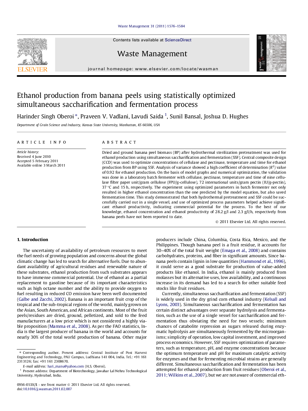 Ethanol production from banana peels using statistically optimized simultaneous saccharification and fermentation process