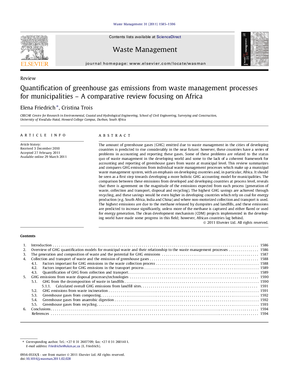 Quantification of greenhouse gas emissions from waste management processes for municipalities – A comparative review focusing on Africa