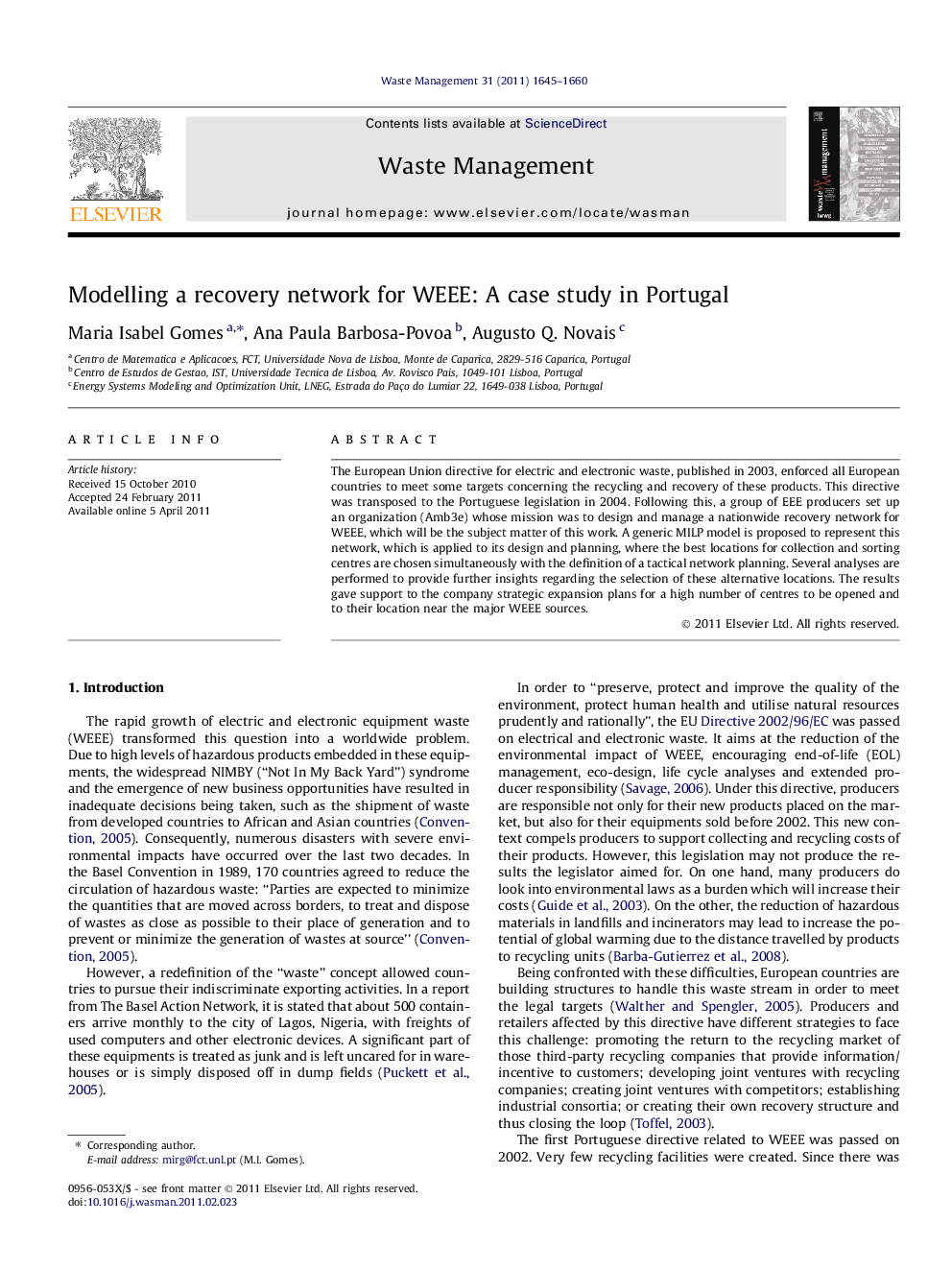 Modelling a recovery network for WEEE: A case study in Portugal