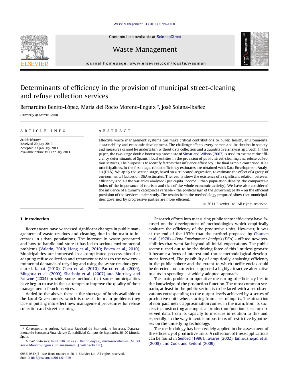 عکس صفحه اول مقاله: Determinants of efficiency in the provision of municipal street-cleaning and refuse collection services Determinants of efficiency in the provision of municipal street-cleaning and refuse collection services