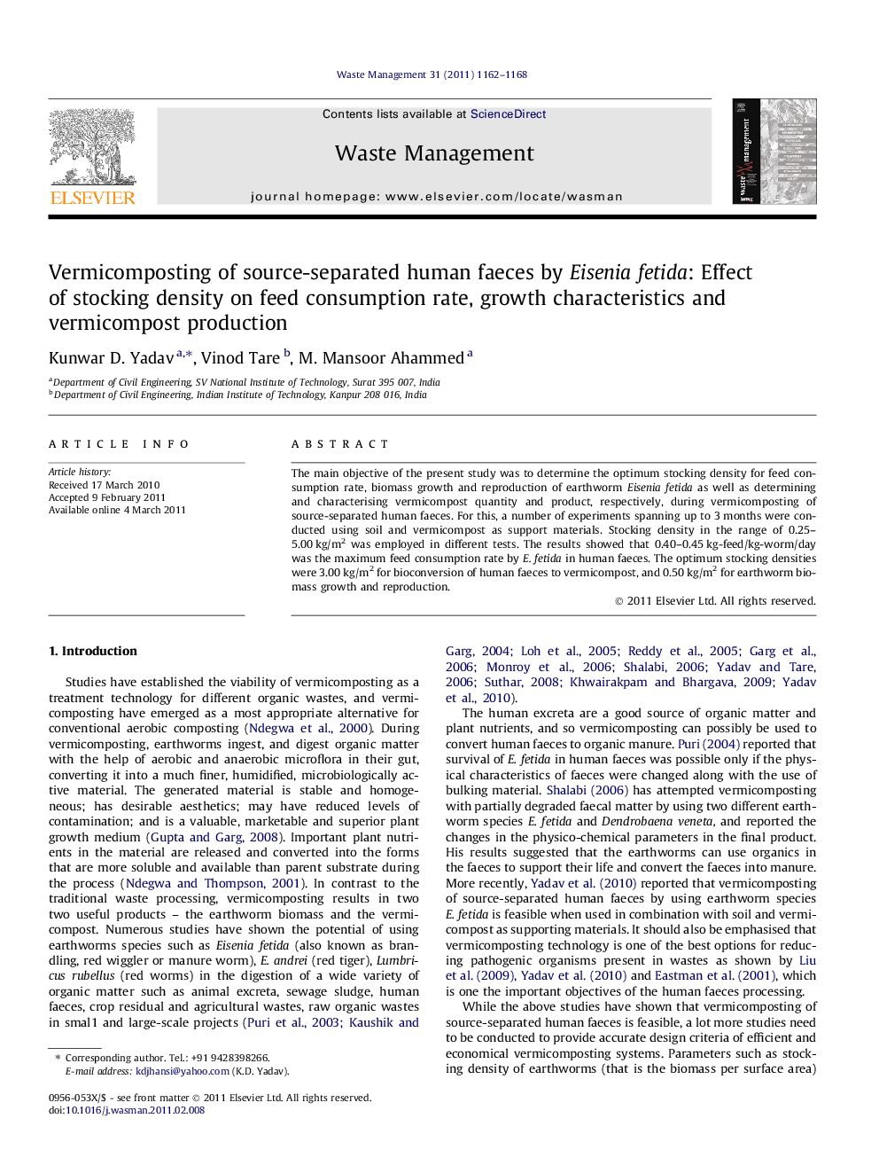 Vermicomposting of source-separated human faeces by Eisenia fetida: Effect of stocking density on feed consumption rate, growth characteristics and vermicompost production