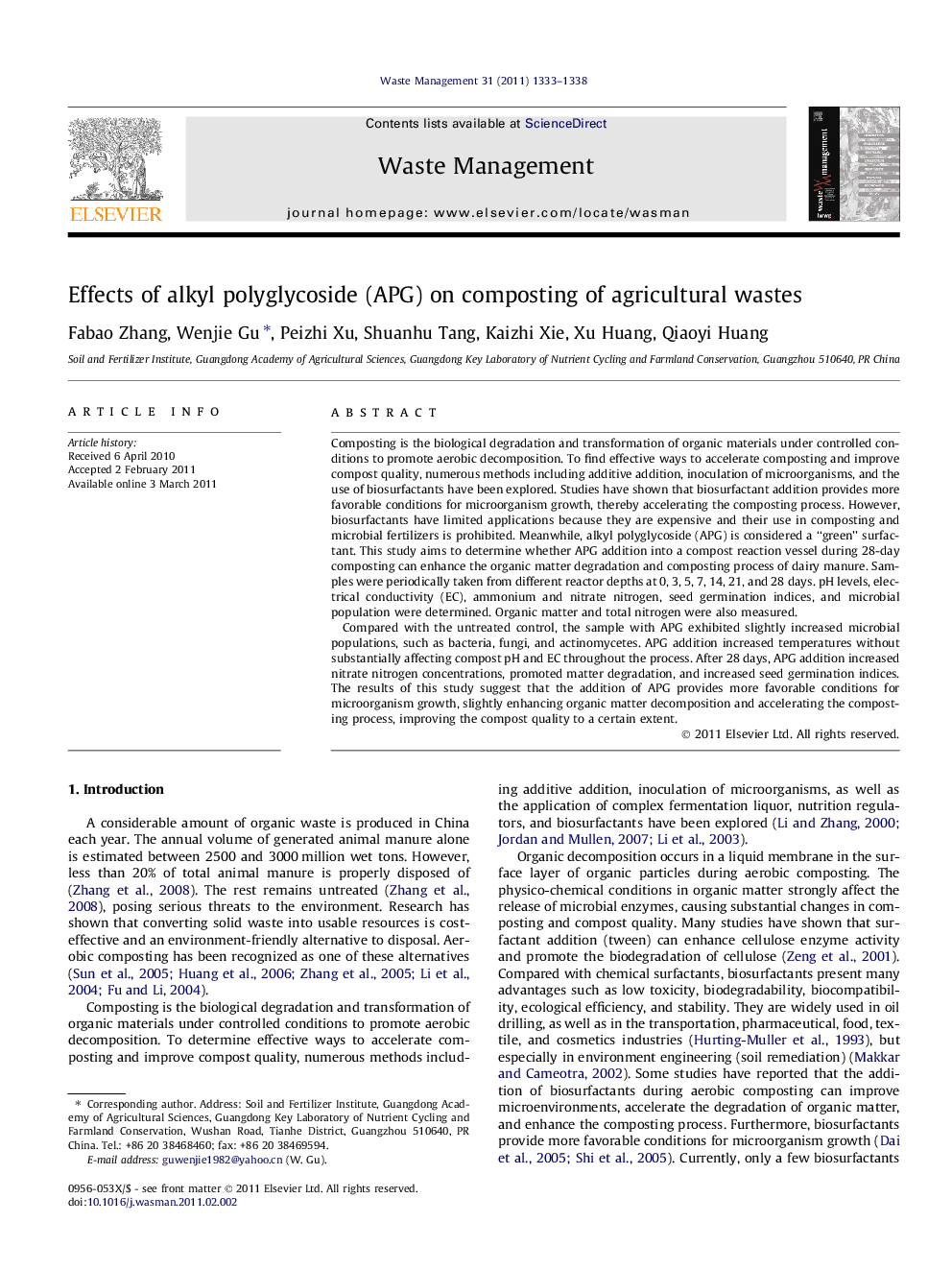 Effects of alkyl polyglycoside (APG) on composting of agricultural wastes