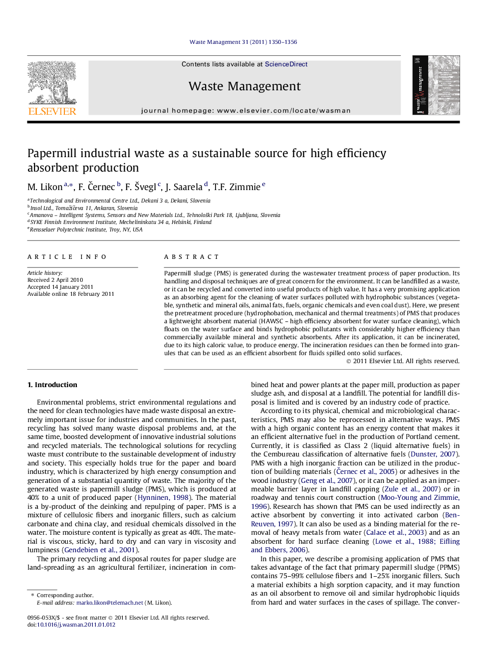 Papermill industrial waste as a sustainable source for high efficiency absorbent production