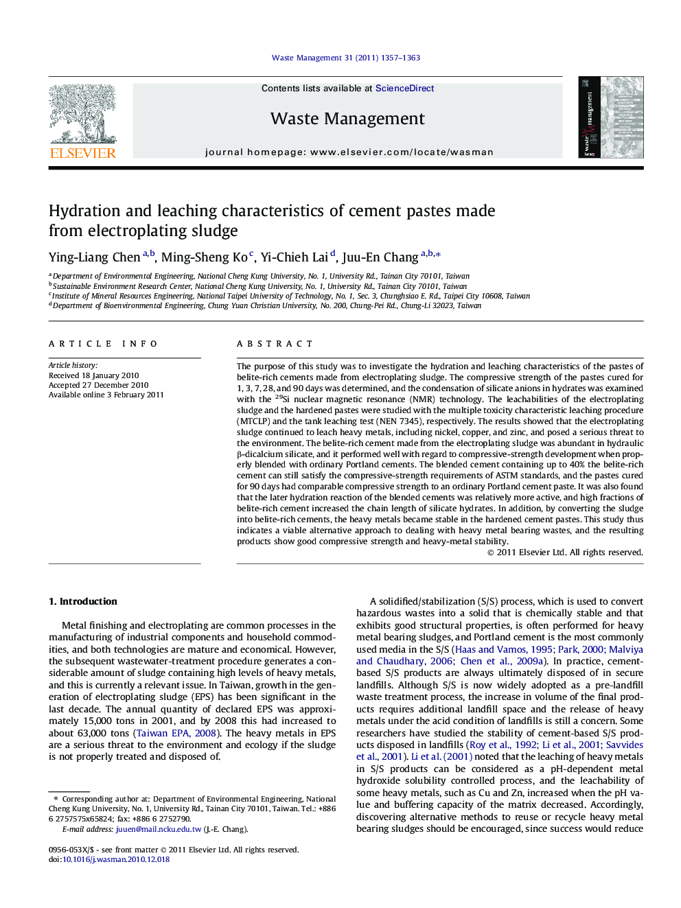 عکس صفحه اول مقاله: Hydration and leaching characteristics of cement pastes made from electroplating sludge Hydration and leaching characteristics of cement pastes made from electroplating sludge