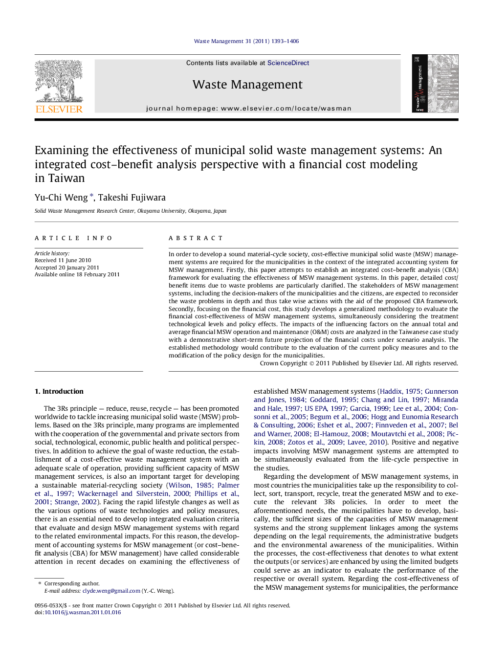 Examining the effectiveness of municipal solid waste management systems: An integrated cost–benefit analysis perspective with a financial cost modeling in Taiwan