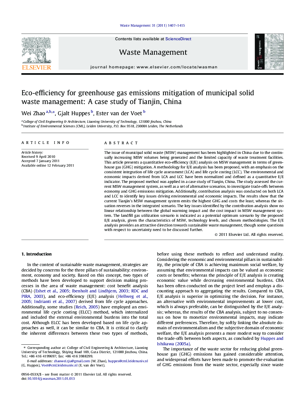 عکس صفحه اول مقاله: Eco-efficiency for greenhouse gas emissions mitigation of municipal solid waste management: A case study of Tianjin, China Eco-efficiency for greenhouse gas emissions mitigation of municipal solid waste management: A case study of Tianjin, China