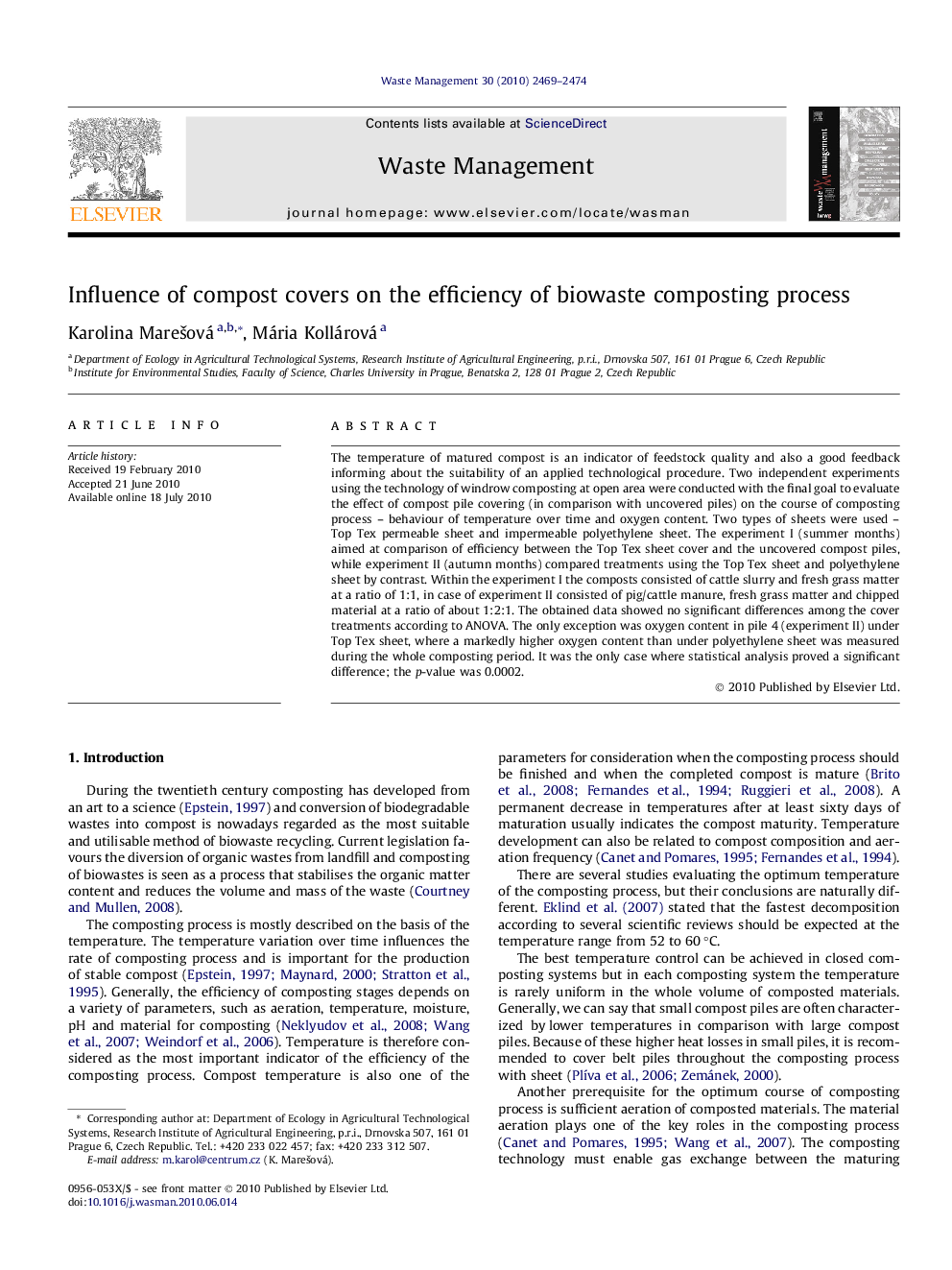 عکس صفحه اول مقاله: Influence of compost covers on the efficiency of biowaste composting process Influence of compost covers on the efficiency of biowaste composting process