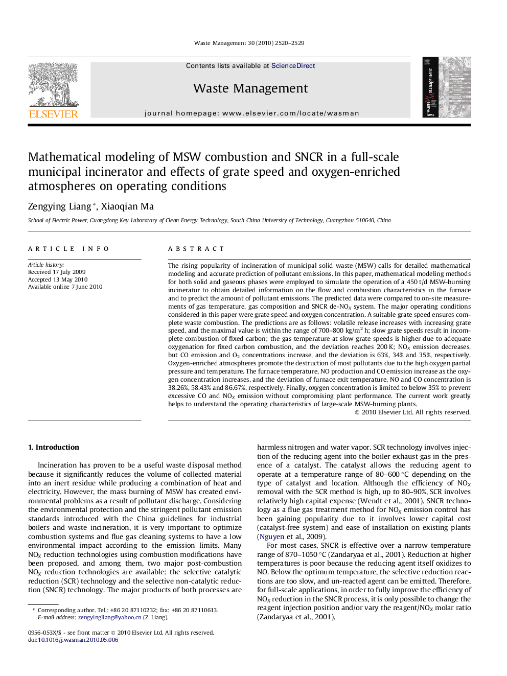 عکس صفحه اول مقاله: Mathematical modeling of MSW combustion and SNCR in a full-scale municipal incinerator and effects of grate speed and oxygen-enriched atmospheres on operating conditions Mathematical modeling of MSW combustion and SNCR in a full-scale municipal incinerator and effects of grate speed and oxygen-enriched atmospheres on operating conditions