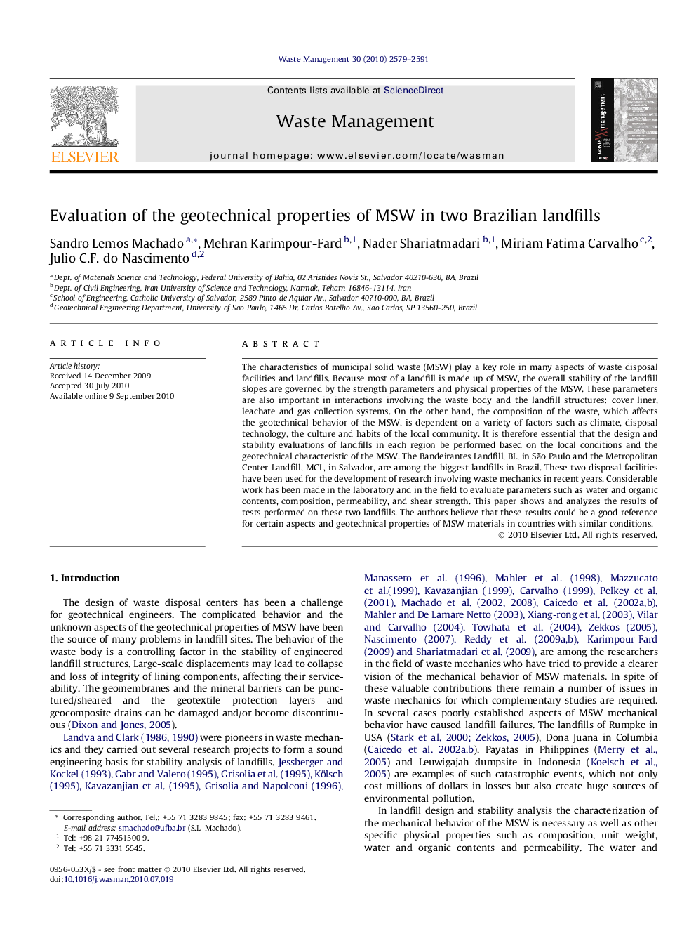 عکس صفحه اول مقاله: Evaluation of the geotechnical properties of MSW in two Brazilian landfills Evaluation of the geotechnical properties of MSW in two Brazilian landfills