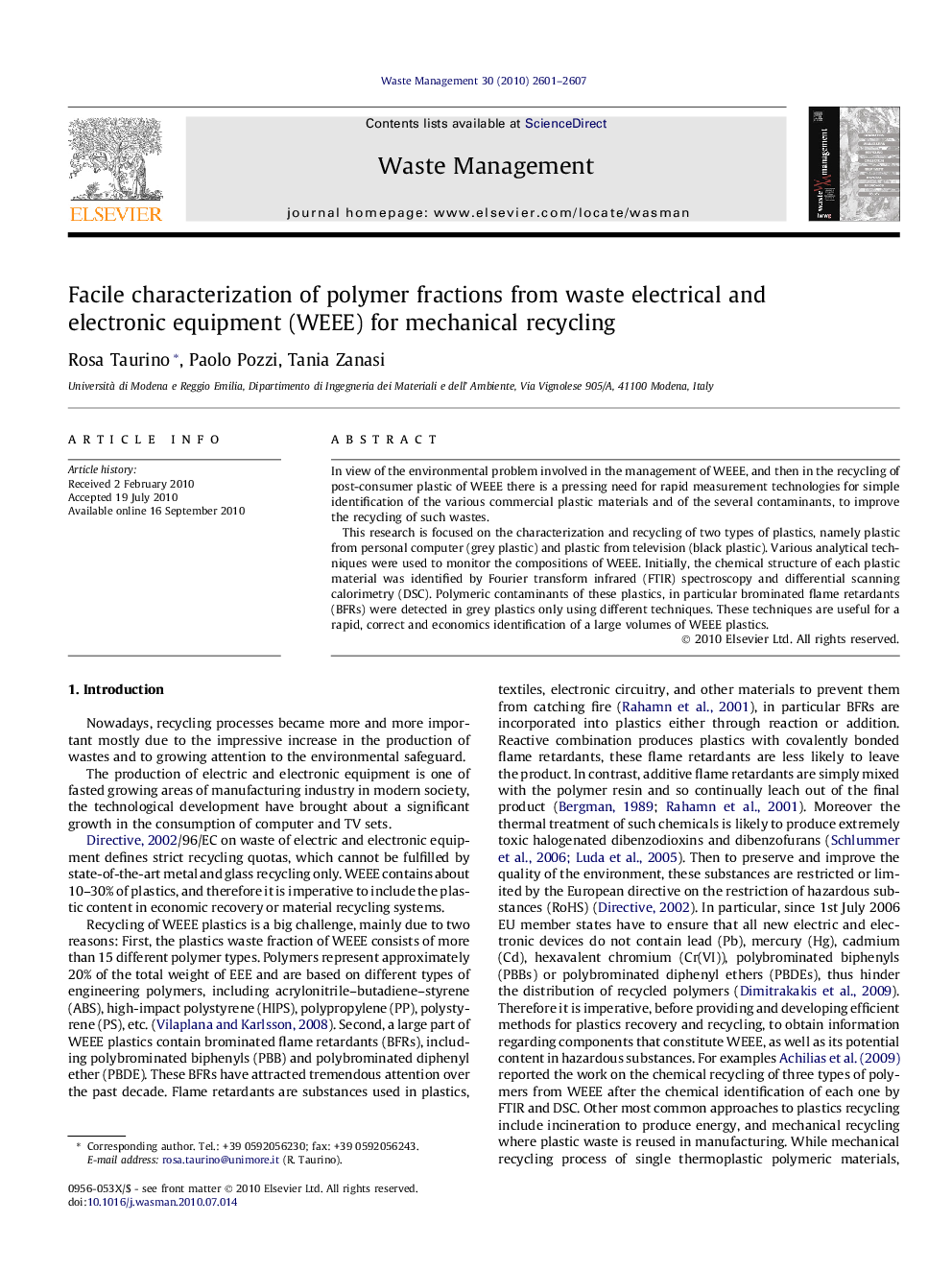 عکس صفحه اول مقاله: Facile characterization of polymer fractions from waste electrical and electronic equipment (WEEE) for mechanical recycling Facile characterization of polymer fractions from waste electrical and electronic equipment (WEEE) for mechanical recycling