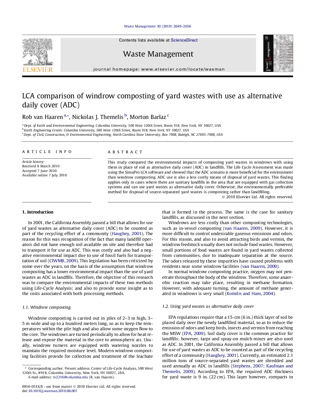 عکس صفحه اول مقاله: LCA comparison of windrow composting of yard wastes with use as alternative daily cover (ADC) LCA comparison of windrow composting of yard wastes with use as alternative daily cover (ADC)