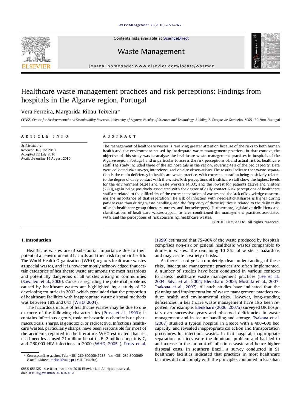 Healthcare waste management practices and risk perceptions: Findings from hospitals in the Algarve region, Portugal