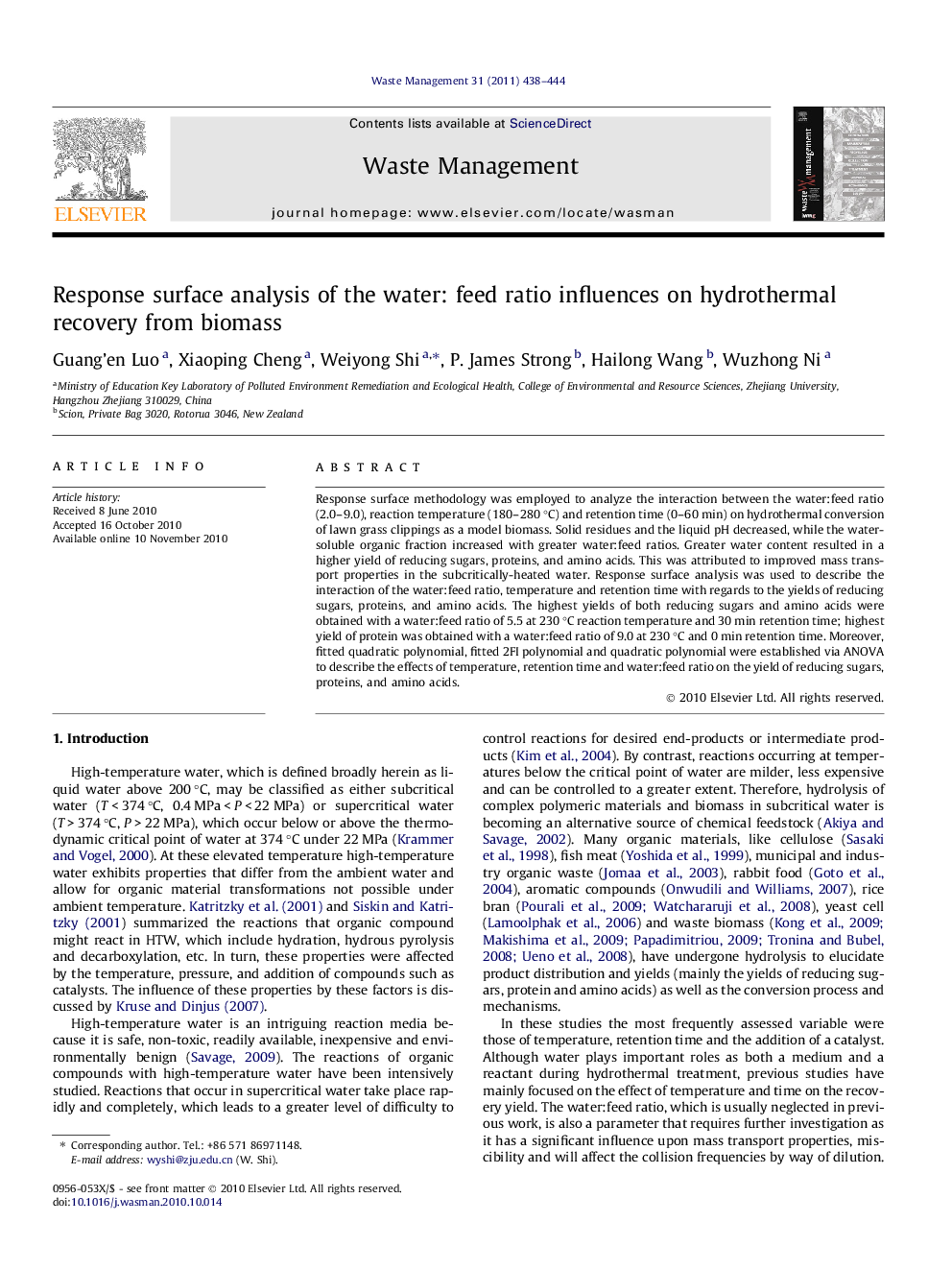Response surface analysis of the water: feed ratio influences on hydrothermal recovery from biomass