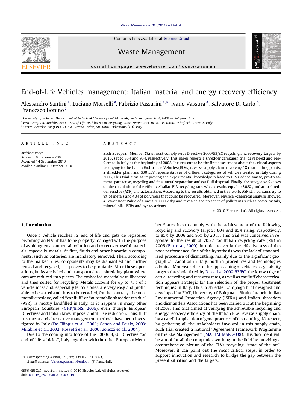 End-of-Life Vehicles management: Italian material and energy recovery efficiency