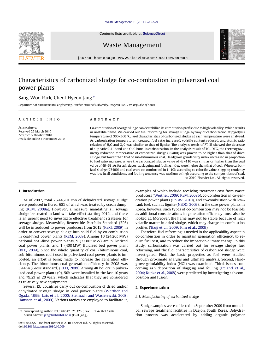 Characteristics of carbonized sludge for co-combustion in pulverized coal power plants