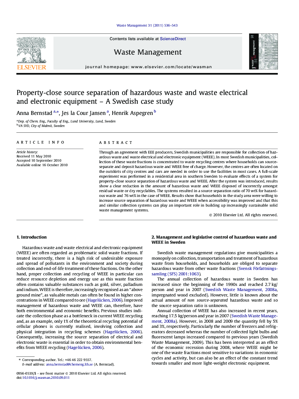 Property-close source separation of hazardous waste and waste electrical and electronic equipment – A Swedish case study