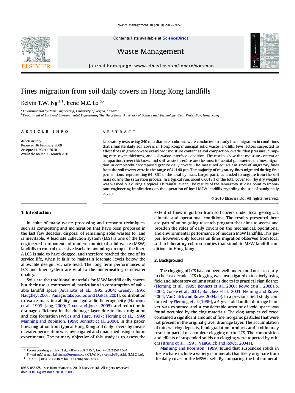 عکس صفحه اول مقاله: Fines migration from soil daily covers in Hong Kong landfills Fines migration from soil daily covers in Hong Kong landfills