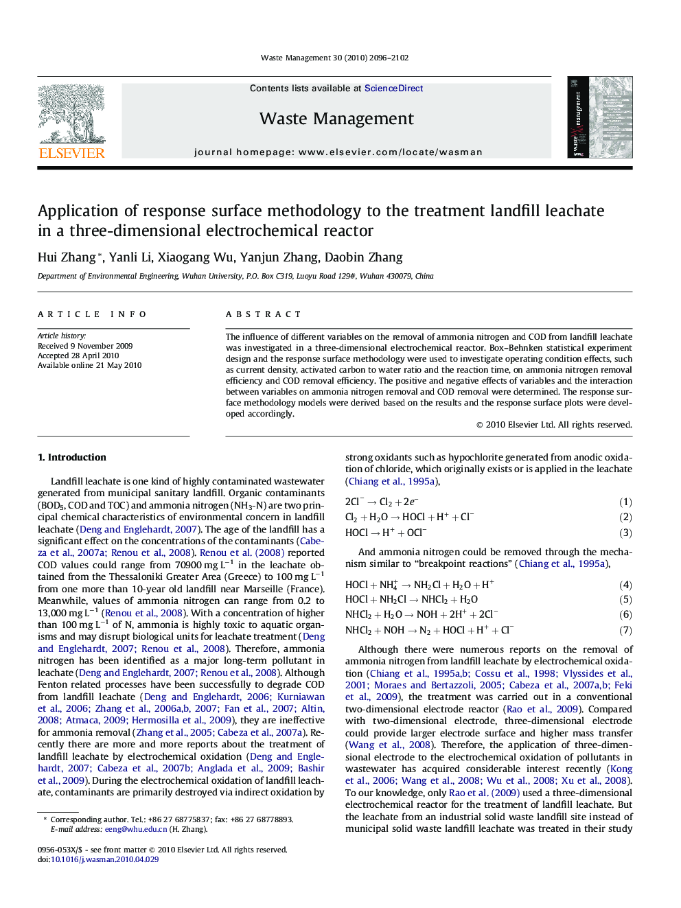 Application of response surface methodology to the treatment landfill leachate in a three-dimensional electrochemical reactor