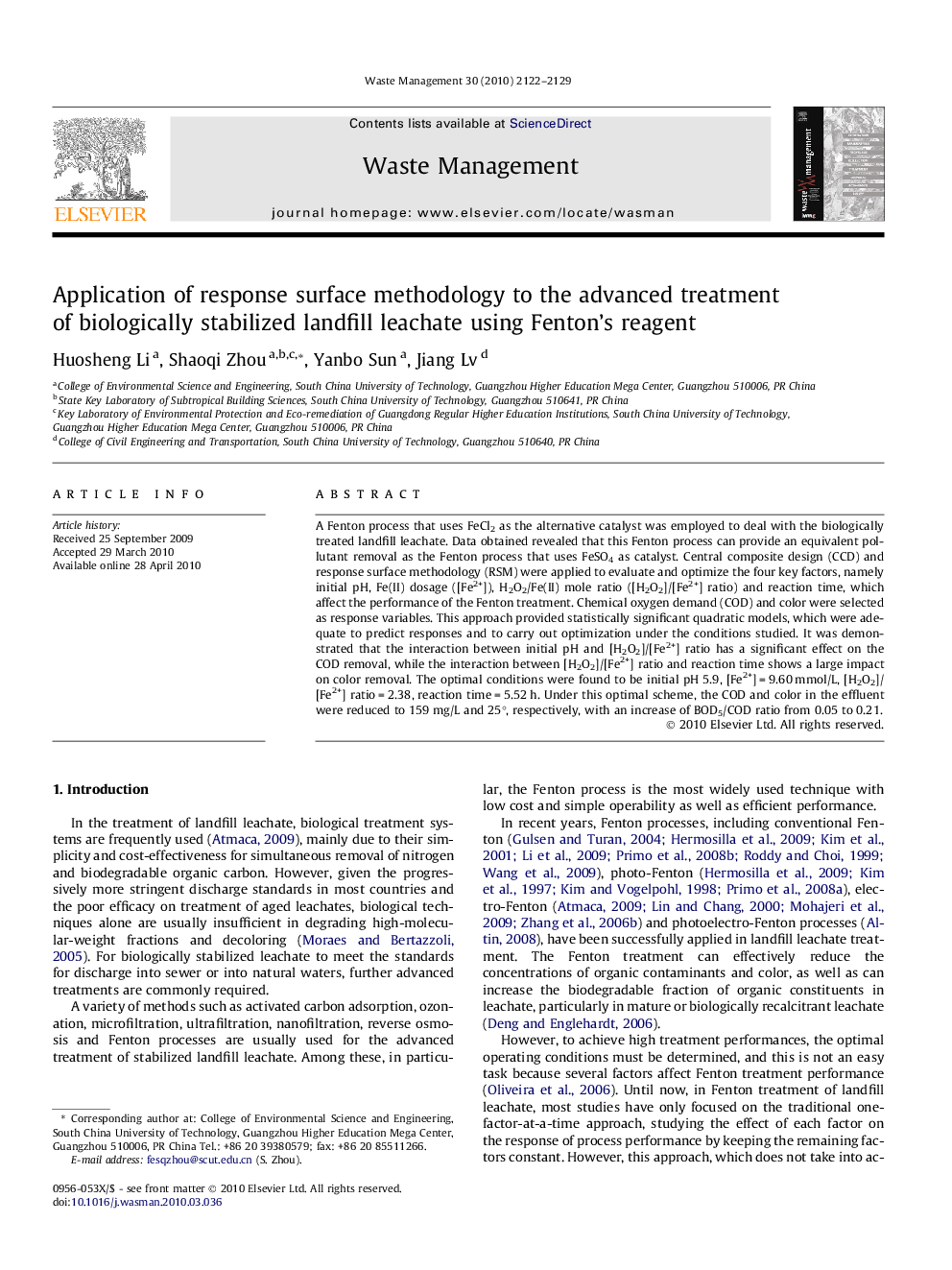 عکس صفحه اول مقاله: Application of response surface methodology to the advanced treatment of biologically stabilized landfill leachate using Fenton’s reagent Application of response surface methodology to the advanced treatment of biologically stabilized landfill leachate using Fenton’s reagent