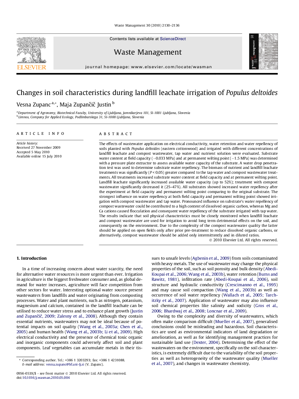 Changes in soil characteristics during landfill leachate irrigation of Populus deltoides