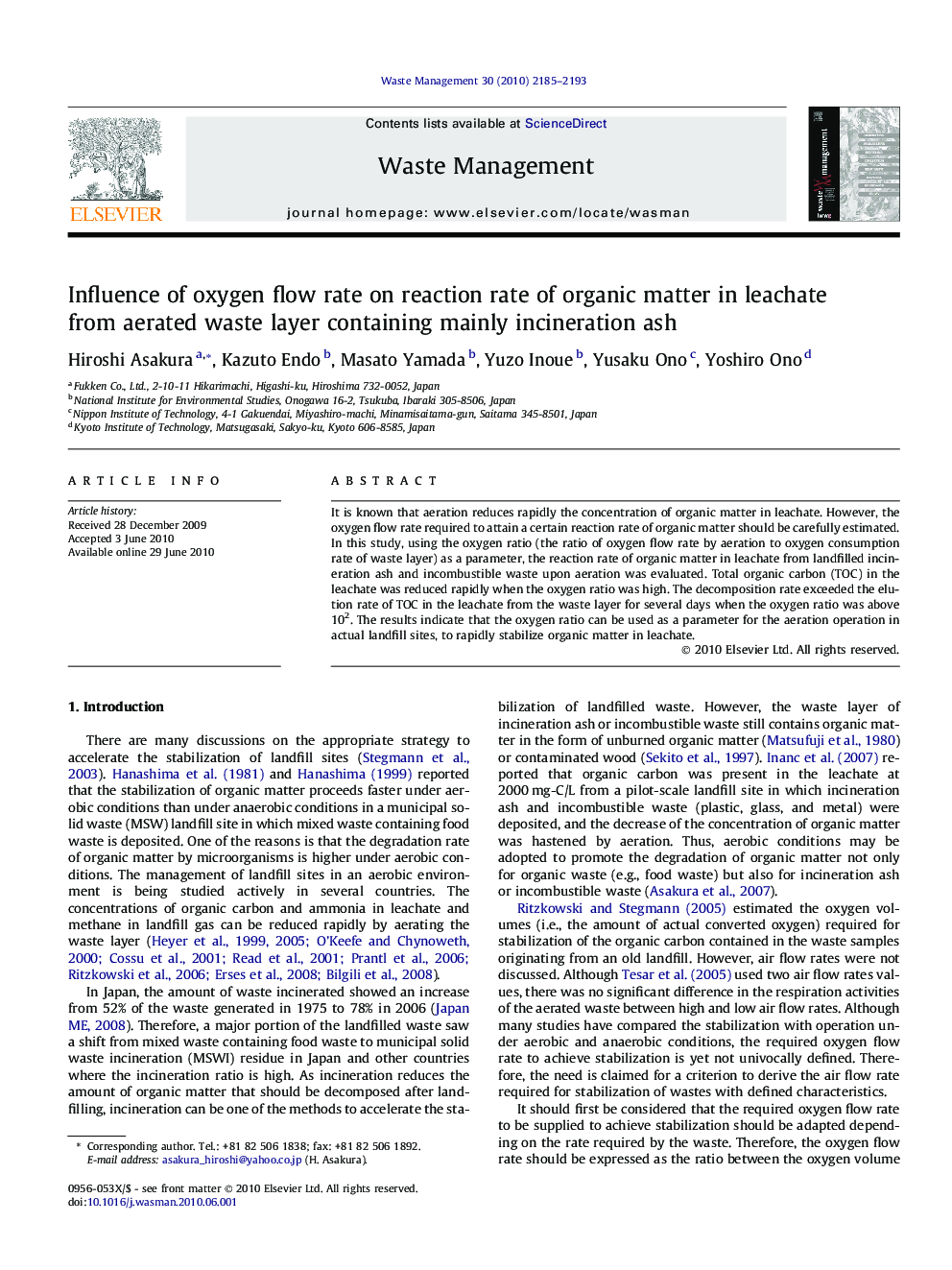 عکس صفحه اول مقاله: Influence of oxygen flow rate on reaction rate of organic matter in leachate from aerated waste layer containing mainly incineration ash Influence of oxygen flow rate on reaction rate of organic matter in leachate from aerated waste layer containing mainly incineration ash
