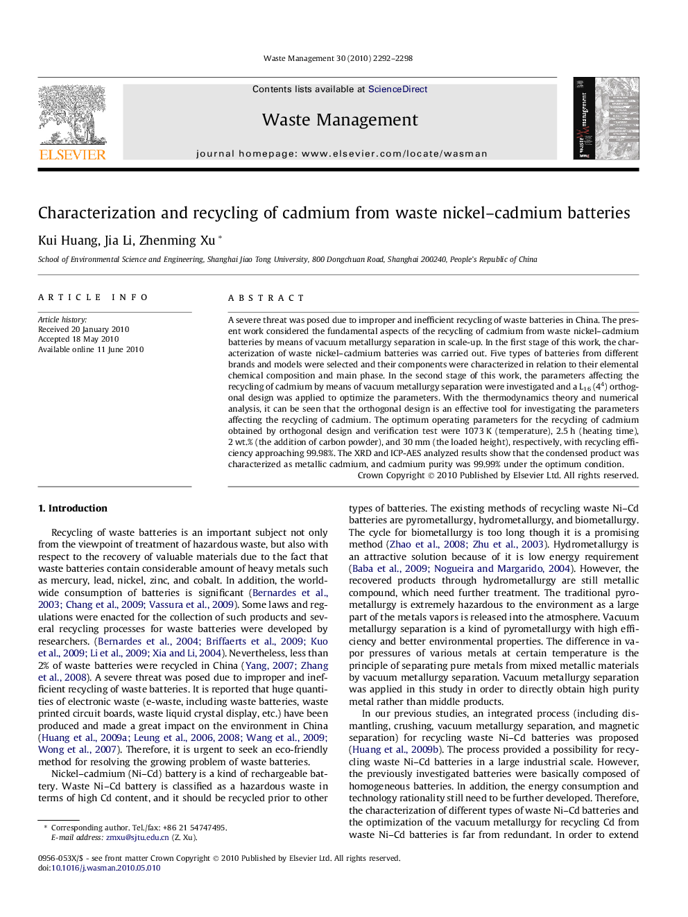 Characterization and recycling of cadmium from waste nickel–cadmium batteries
