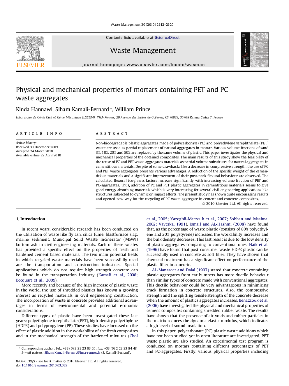 Physical and mechanical properties of mortars containing PET and PC waste aggregates