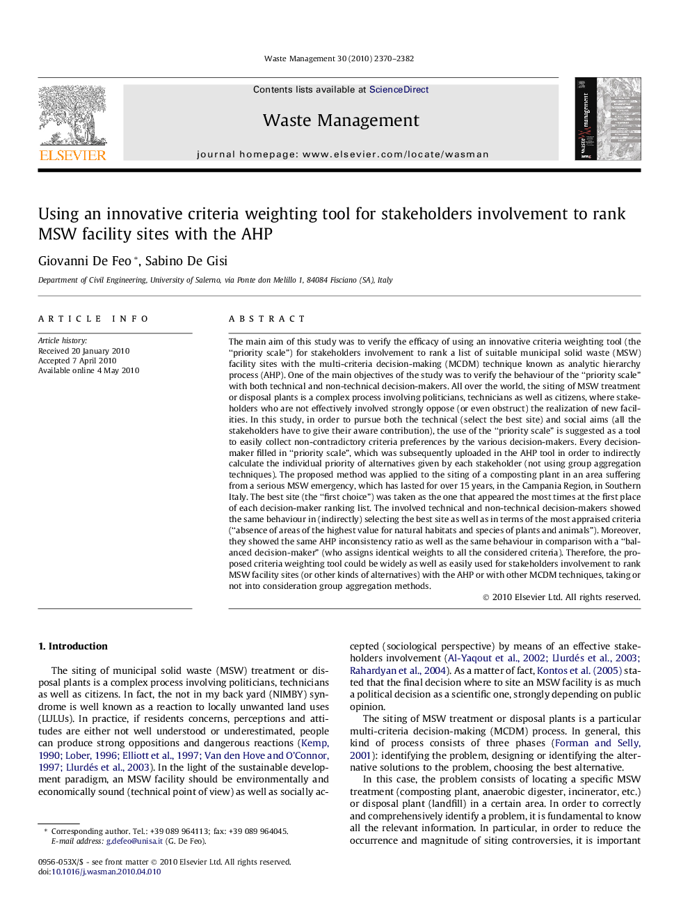 عکس صفحه اول مقاله: Using an innovative criteria weighting tool for stakeholders involvement to rank MSW facility sites with the AHP Using an innovative criteria weighting tool for stakeholders involvement to rank MSW facility sites with the AHP