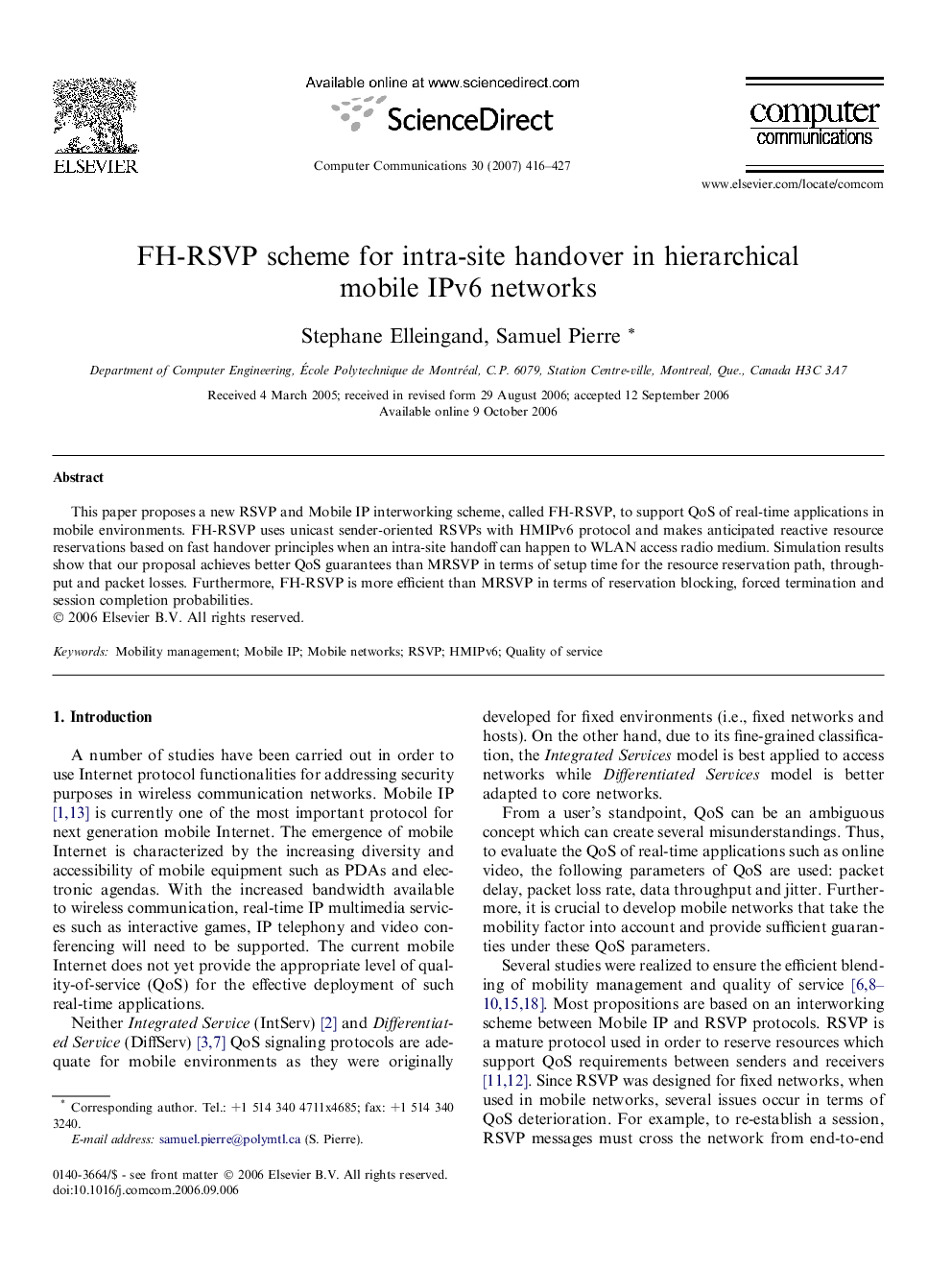 عکس صفحه اول مقاله: FH-RSVP scheme for intra-site handover in hierarchical mobile IPv6 networks FH-RSVP scheme for intra-site handover in hierarchical mobile IPv6 networks