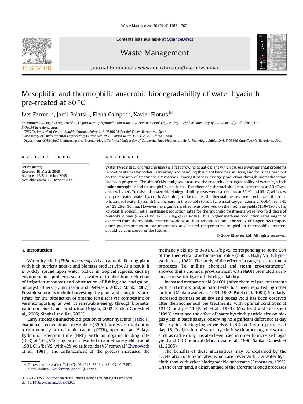Mesophilic and thermophilic anaerobic biodegradability of water hyacinth pre-treated at 80 °C