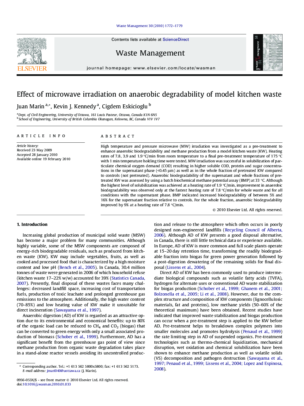 Effect of microwave irradiation on anaerobic degradability of model kitchen waste